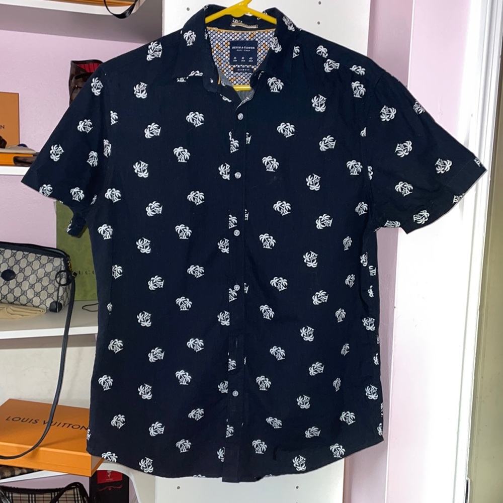 Denim & flower shirt sleeve button up